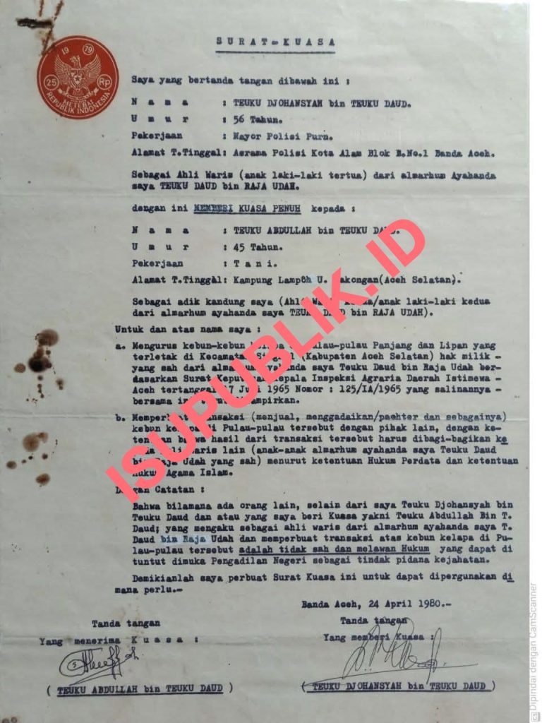 Seorang ahli waris asal Aceh, Teuku Djohansyah bin Teuku Daud, resmi menyerahkan kuasa penuh kepada adik kandungnya, Teuku Abdullah bin Teuku Daud, untuk mengelola kebun kelapa milik keluarga yang terletak di Pulau-Pulau Panjang dan Lipan, Kecamatan Singkil, Kabupaten Aceh Selatan.
